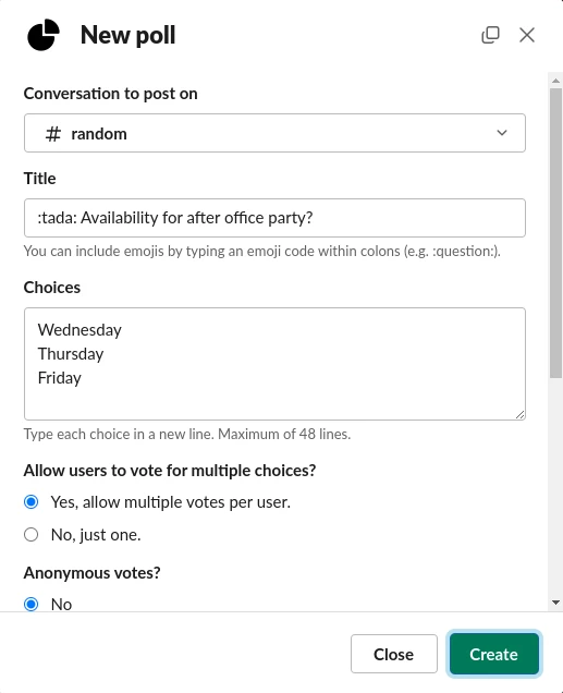 Screenshot showing how JustPolls modal works in Slack