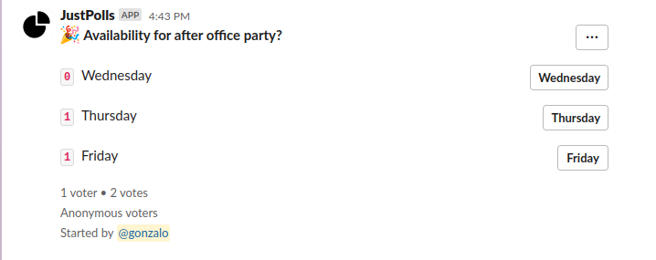 Screenshot showing how JustPolls works in Slack